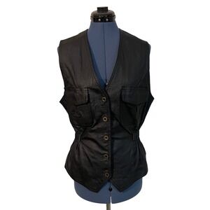 Vtg Via Max Womens Black Leather Vest Cinched Waist Button Front Pockets Moto L